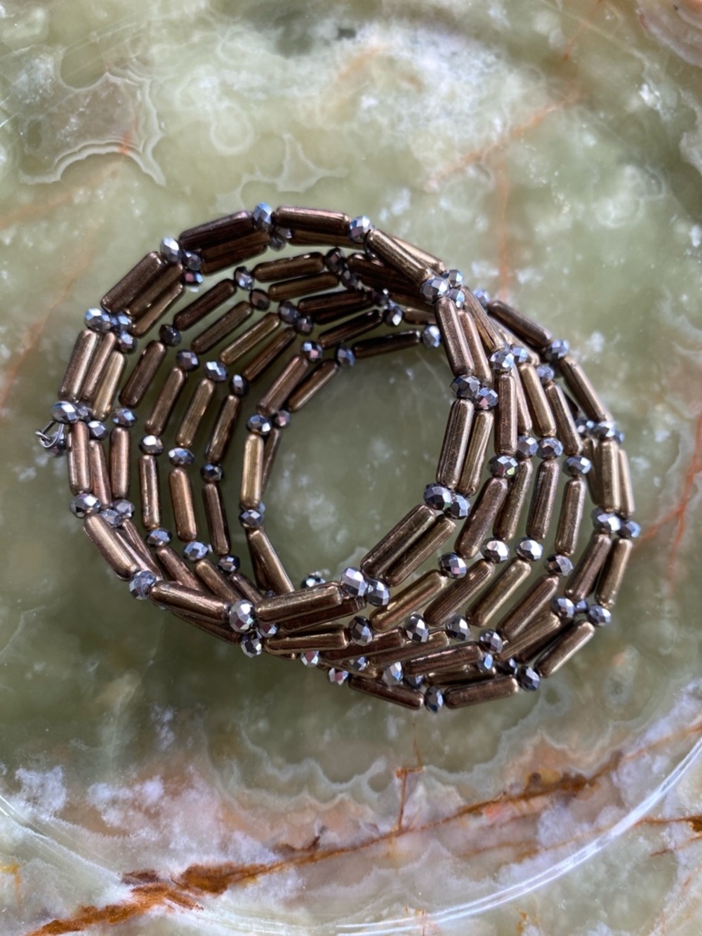 Metallic Bronze Beaded Coil Bracelet - Unbranded